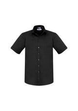 Men's black Monaco short sleeve shirt in size XL, featuring modern collar, chest pocket, and curved hem for versatile styling.