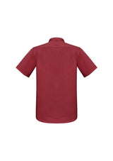 Men's cherry short sleeve shirt from Biz Collection, featuring a modern collar, chest pocket, and UPF protection. Size M.