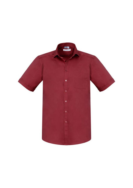 Mens Monaco Short Sleeve Shirt in Cherry, size XL; modern style with stretch fabric, UPF protection, and functional pocket.