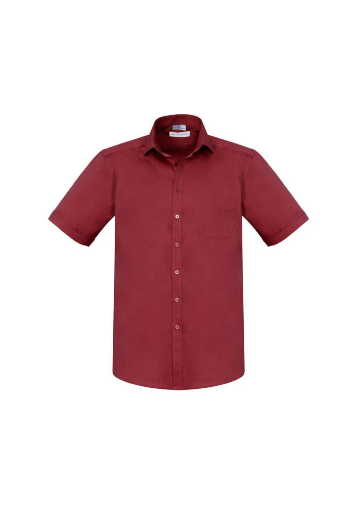 Men's Monaco Short Sleeve Shirt in Cherry, 4XL, featuring modern collar, chest pocket, twin pleats, and stretch fabric for comfort.