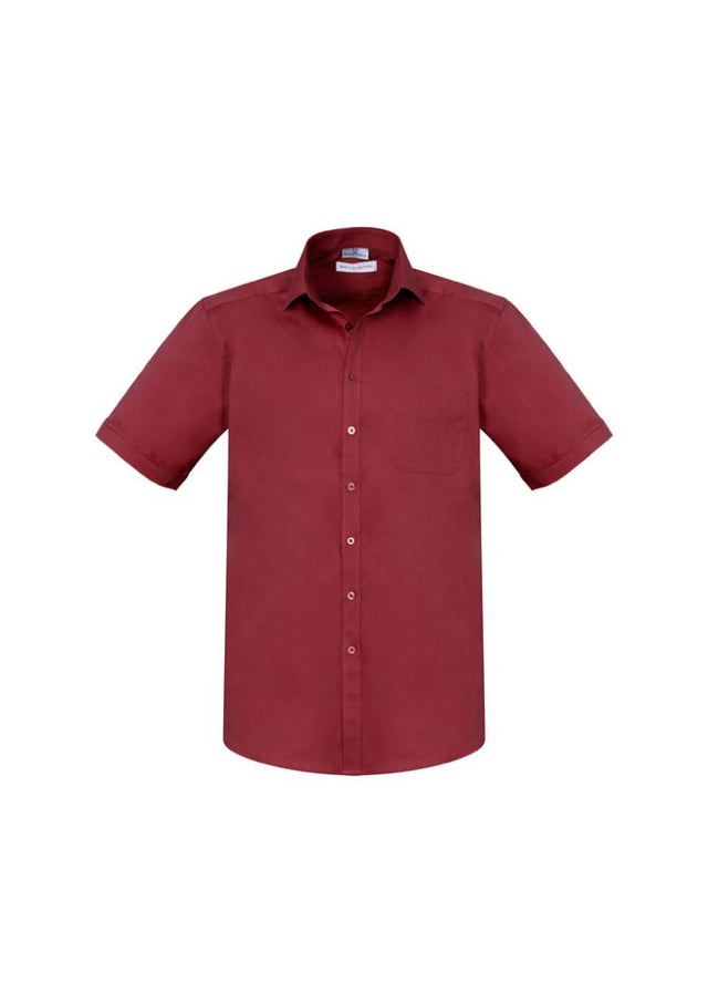 Men's Monaco Short Sleeve Shirt in Cherry, 4XL, featuring modern collar, chest pocket, twin pleats, and stretch fabric for comfort.