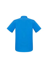 Vibrant cyan Men's Monaco Short Sleeve Shirt in 2XL, featuring a modern collar, chest pocket, and curved hem for versatile styling.
