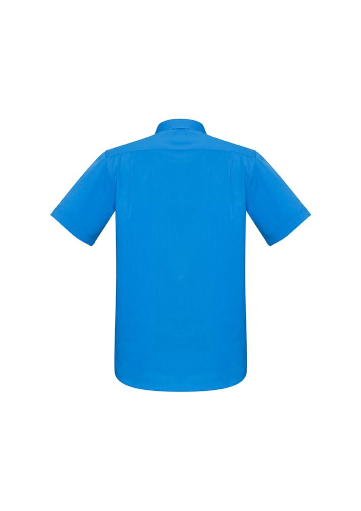 Cyan short sleeve shirt for men, size XS, featuring a modern collar, chest pocket, stretch fabric, and UPF protection.