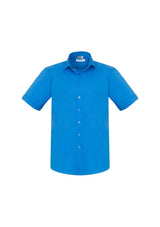Men's cyan short sleeve shirt in 2XL with modern collar, chest pocket, and curved hem, perfect for casual and smart-casual wear.