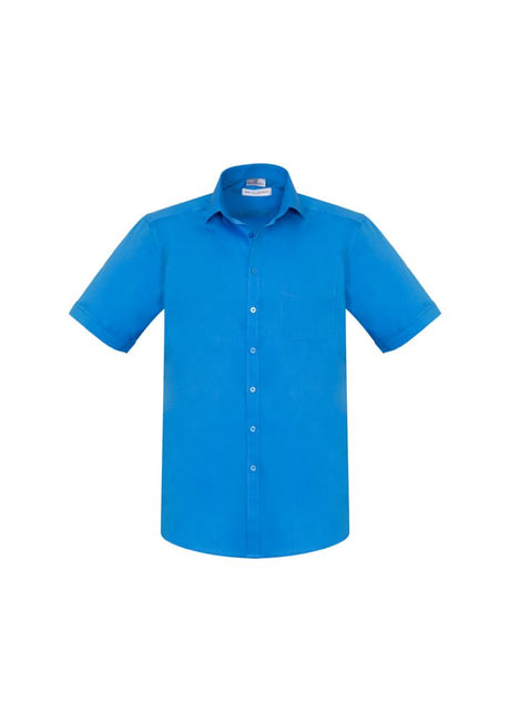 Men's cyan short sleeve shirt in 2XL with modern collar, chest pocket, and curved hem, perfect for casual and smart-casual wear.
