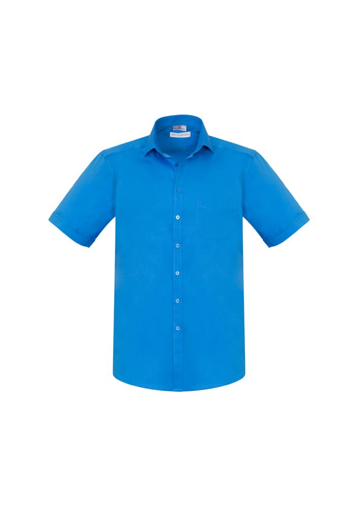 Cyan short sleeve shirt for men with a modern collar, chest pocket, and curved hem, offering comfort and style. Size S.