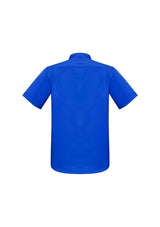 Electric blue short sleeve shirt for men, featuring modern collar, chest pocket, and built-in stretch for comfort.