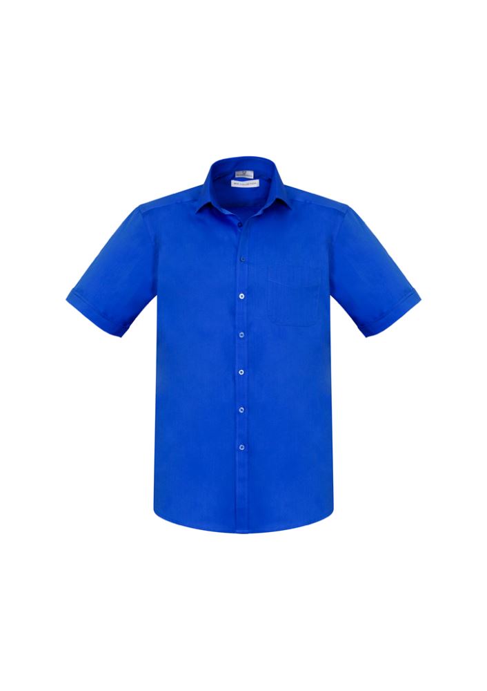 Electric blue short sleeve shirt in size 5XL, featuring modern collar, chest pocket, and curved hem for stylish comfort.