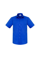 Electric blue short sleeve shirt in size 5XL, featuring modern collar, chest pocket, and curved hem for stylish comfort.