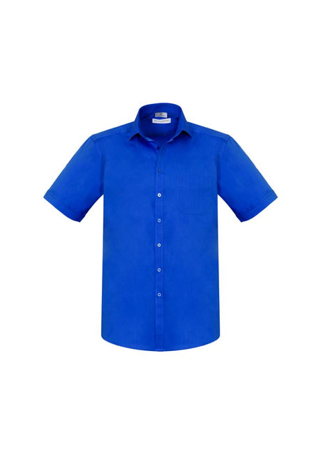 Electric blue short sleeve shirt in size 5XL, featuring modern collar, chest pocket, and curved hem for stylish comfort.