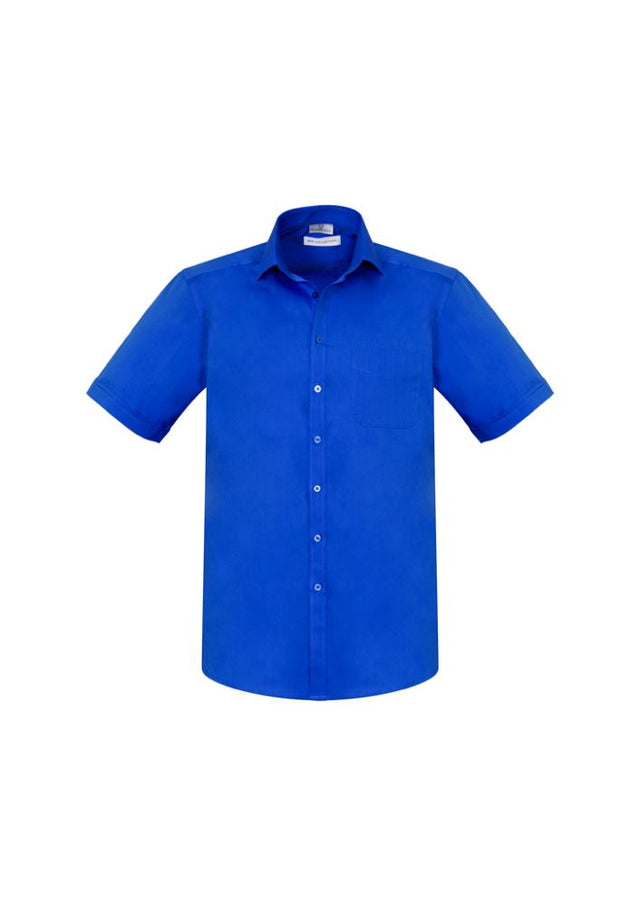 Men's Electric Blue short sleeve shirt by Biz Collection, size L, featuring a modern collar and comfortable stretch fabric.