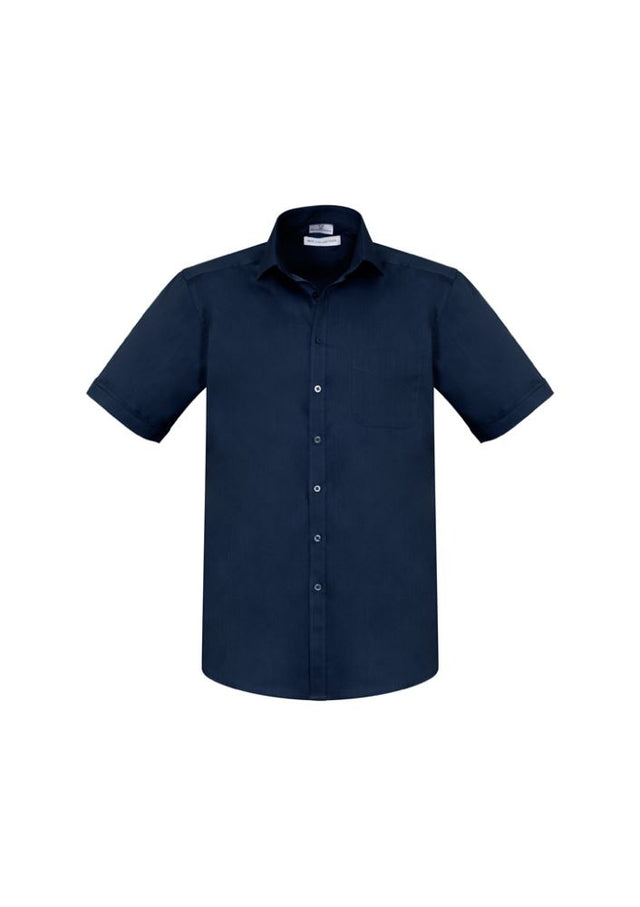 Stylish Men's Monaco Short Sleeve Shirt in Ink, made from cotton blend with modern collar and UPF protection, size L.