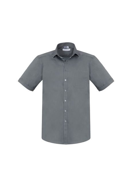 Men's platinum short sleeve shirt from Biz Collection, featuring modern collar, chest pocket, and built-in stretch for comfort.