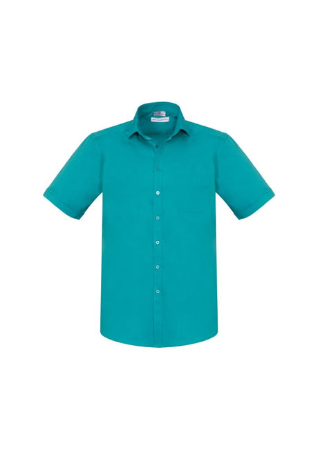 Men's teal short sleeve shirt with modern collar, chest pocket, and curved hem, perfect for casual and business casual wear.