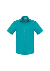 Men’s short sleeve turquoise shirt with modern collar, chest pocket, and curved hem for a stylish, comfortable fit.