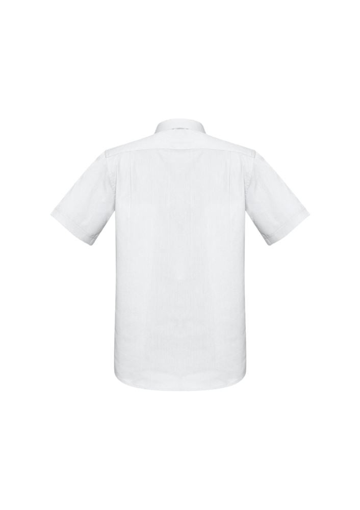 Men's 4XL Monaco Short Sleeve Shirt in white, features modern collar, chest pocket, and breathable twin back pleats.