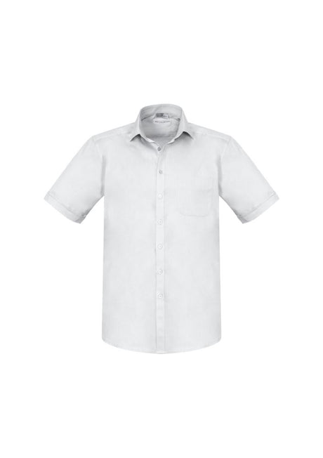 Men's white short sleeve Monaco shirt with modern collar, chest pocket, and curved hem for a stylish and comfortable fit.