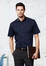 Men's Monaco Short Sleeve Shirt in Ink, size XS, showcasing modern collar, chest pocket, and curved hem for versatile styling.