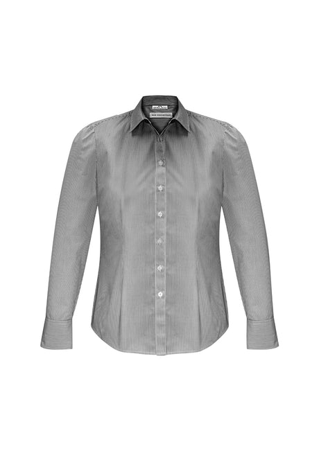 Elegant black long sleeve shirt for women, size 16, featuring gathered details and a stylish curved hem from Biz Collection.