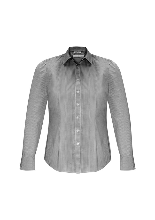 Stylish black long sleeve shirt for women, size 22, features gathered details and a curved hem for versatile wear.