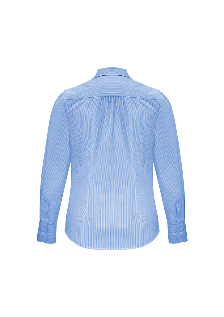 Ladies Euro Long Sleeve Shirt in blue, size 14, featuring gathered details and a curved hem, ideal for stylish comfort.