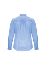 Ladies Euro Long Sleeve Shirt in blue, size 20, featuring gathered details and a curved hem for a stylish, versatile look.