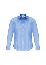 Ladies Euro Long Sleeve Shirt in blue, size 14, featuring feminine gathered details and lightweight striped fabric.