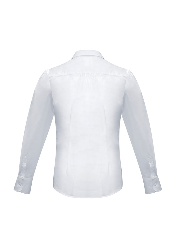 Ladies Euro Long Sleeve Shirt in white, size 16, featuring a gathered detail and curved hem for versatile styling and comfort.
