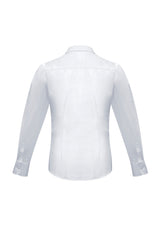 Ladies Euro Long Sleeve Shirt in white, size 16, featuring a gathered detail and curved hem for versatile styling and comfort.