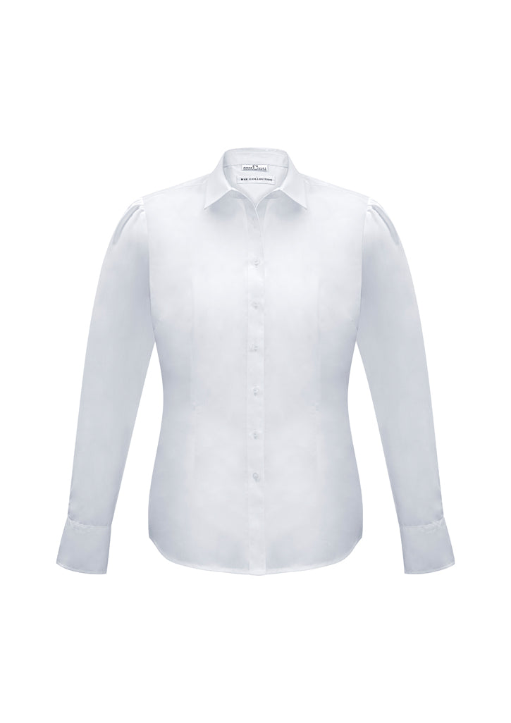 Elegant white long sleeve shirt for women, size 16, featuring gathered details and a versatile curved hem.