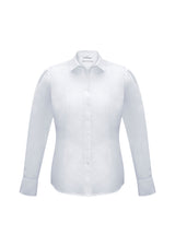 Elegant white long sleeve shirt for women, size 16, featuring gathered details and a versatile curved hem.