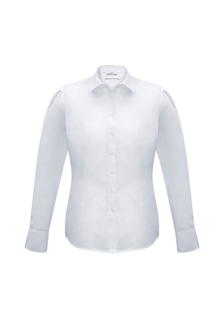 Elegant white long sleeve shirt for women, size 16, featuring gathered details and a versatile curved hem.