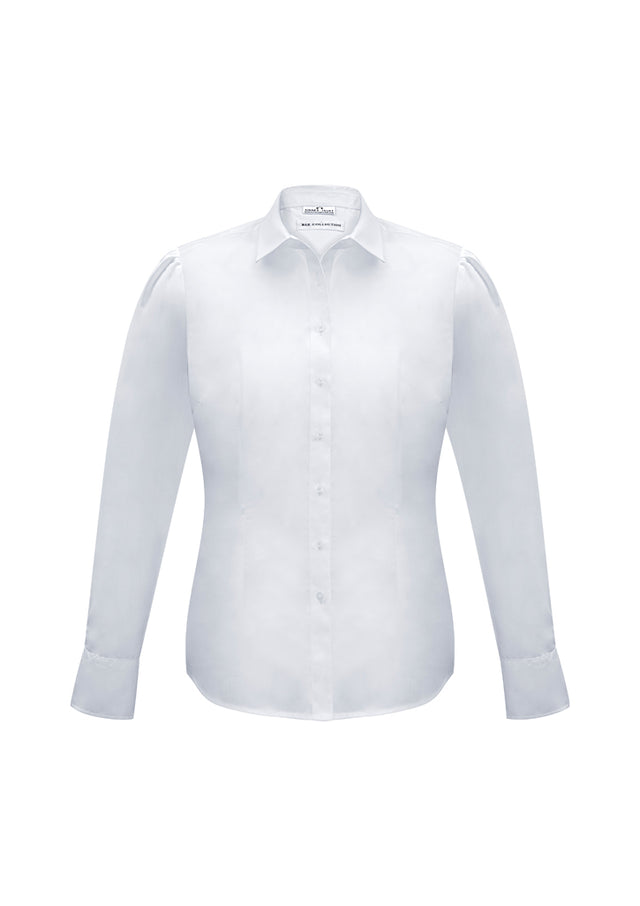 Elegant white long sleeve shirt for women, size 16, featuring gathered details and a versatile curved hem.