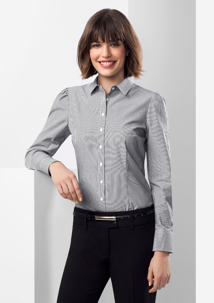 Elegant white long sleeve shirt for women, size 16, featuring gathered details and a versatile curved hem.