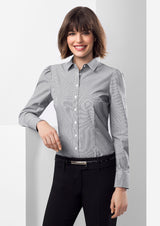 Ladies Euro Long Sleeve Shirt in black, size 18, featuring a fine stripe pattern and feminine gathered details for versatile styling.