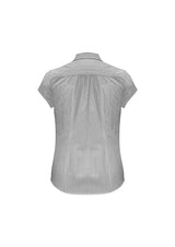 Black Ladies Euro Short Sleeve Shirt in size 20, featuring gathered details, fine stripes, and UPF protection for style and comfort.