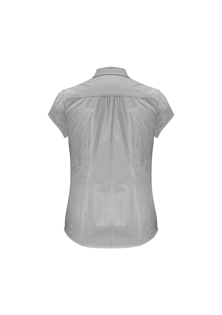 Chic black Ladies Euro Short Sleeve Shirt in Size 8, featuring gathered details and a curved hem for versatile styling.