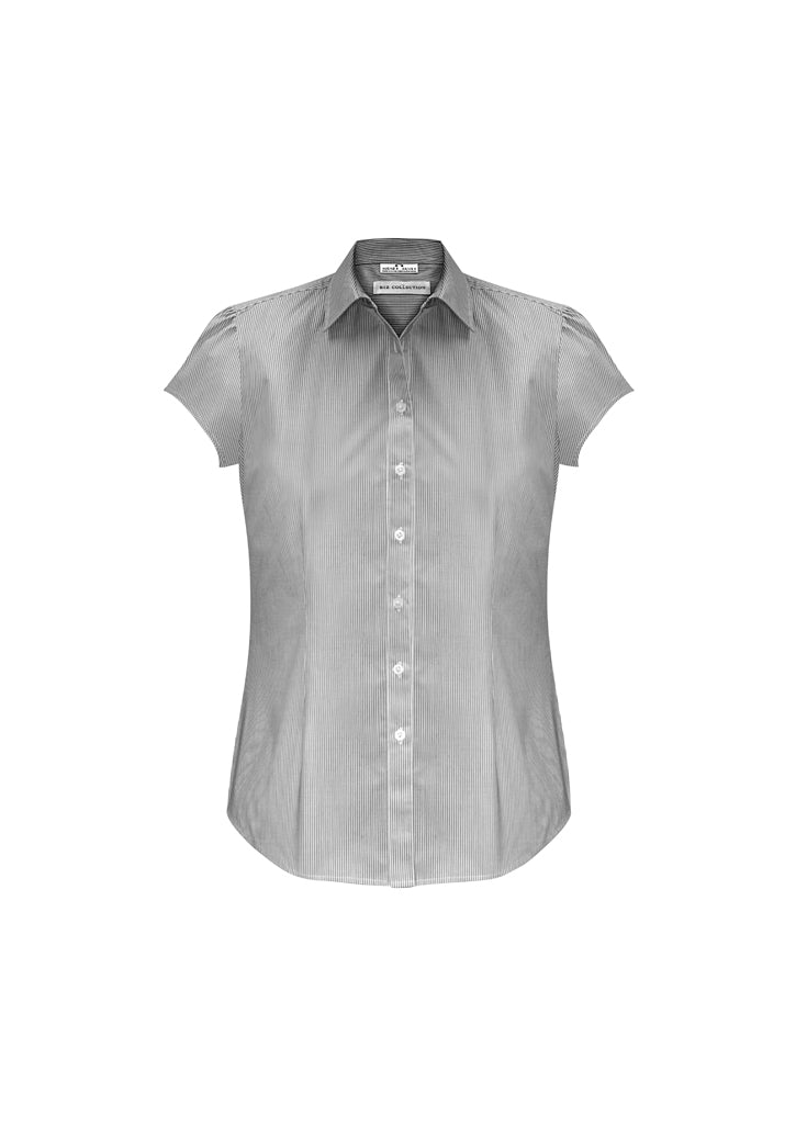 Black Ladies Euro Short Sleeve Shirt, Size 24, with gathered shoulder detail and UPF protection, perfect for versatile styling.