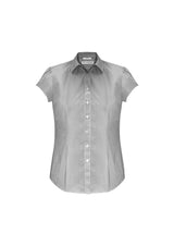 Black Ladies Euro Short Sleeve Shirt, Size 24, with gathered shoulder detail and UPF protection, perfect for versatile styling.