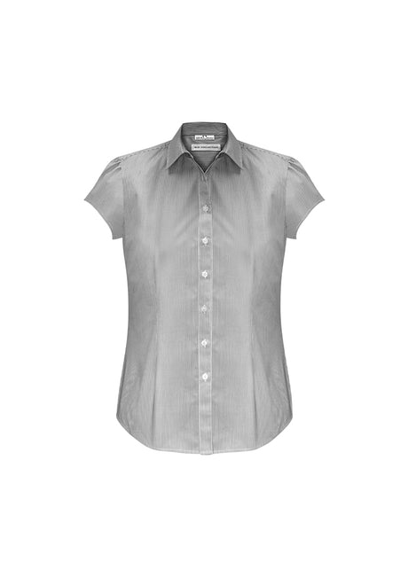 Black Ladies Euro Short Sleeve Shirt, Size 24, with gathered shoulder detail and UPF protection, perfect for versatile styling.