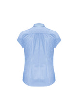 Ladies Euro Short Sleeve Shirt in blue, size 26, featuring gathered details and curved hem, perfect for stylish comfort.