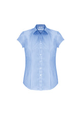 Stylish blue Ladies Euro Short Sleeve Shirt with gathered details, curved hem, and UPF protection, ideal for any occasion.