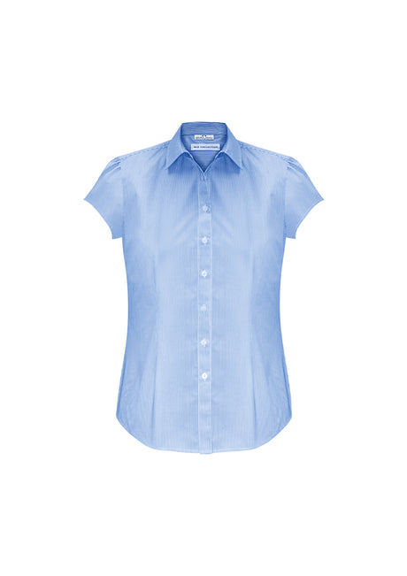 Stylish blue Ladies Euro Short Sleeve Shirt with gathered details, curved hem, and UPF protection, ideal for any occasion.
