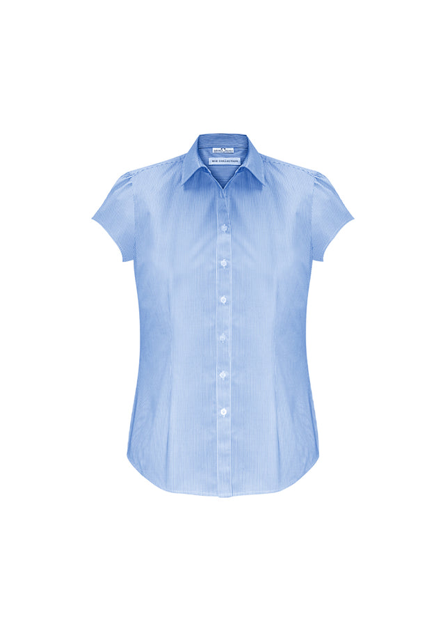 Stylish blue Ladies Euro Short Sleeve Shirt with gathered details, curved hem, and UPF protection, ideal for any occasion.