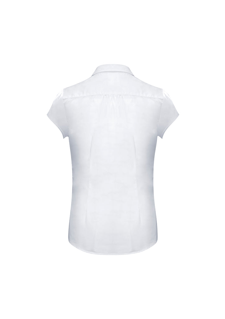 Elegant white short sleeve shirt for women, size 6, featuring fine stripes, gathered details, and UPF sun protection.