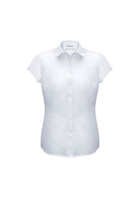 White Ladies Euro Short Sleeve Shirt in size 18, featuring a gathered detail, curved hem, and a soft easy-care fabric.