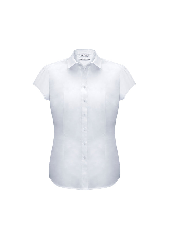 White Ladies Euro Short Sleeve Shirt in size 18, featuring a gathered detail, curved hem, and a soft easy-care fabric.