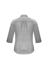 Elegant black Ladies Euro 3/4 sleeve shirt in size 18, featuring gathered details and a stylish curved hem.