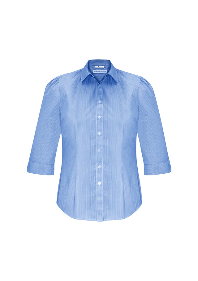 Elegant blue 3/4 sleeve ladies shirt in size 8, featuring gathered details and a curved hem for versatile styling.