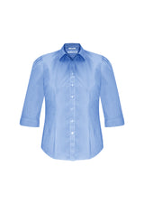 Ladies Euro 3/4 sleeve shirt in blue, size 24, featuring striped fabric and feminine gathered details for stylish versatility.